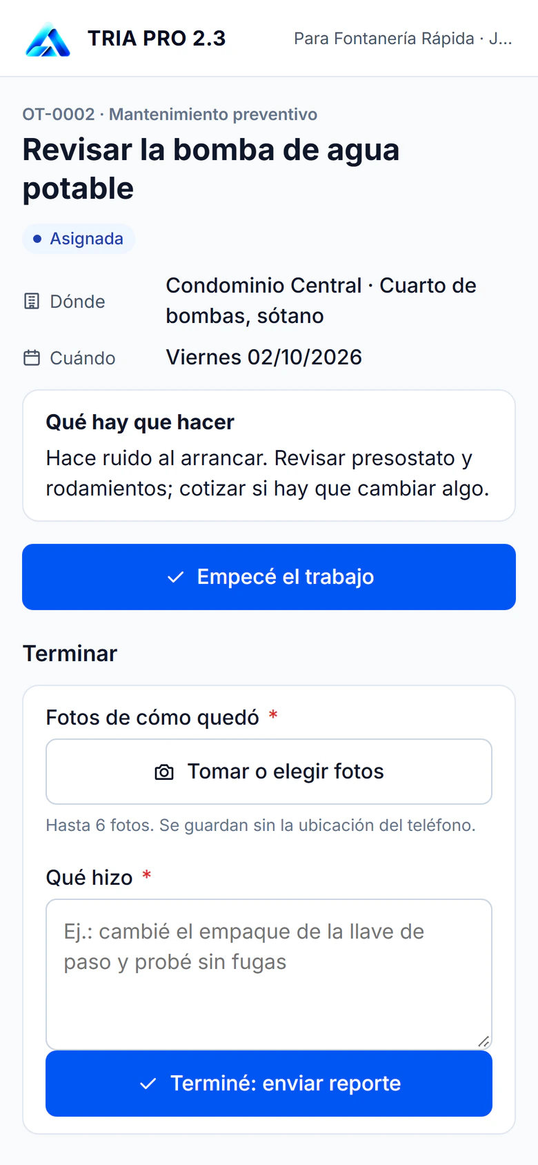 TRIA Access: un técnico externo abre la orden de trabajo desde un enlace, sin usuario, y reporta el avance con fotos.