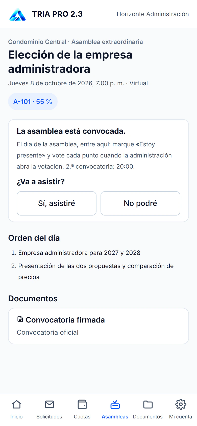 TRIA App: una propietaria ve la asamblea convocada, confirma si asiste y consulta el orden del día.