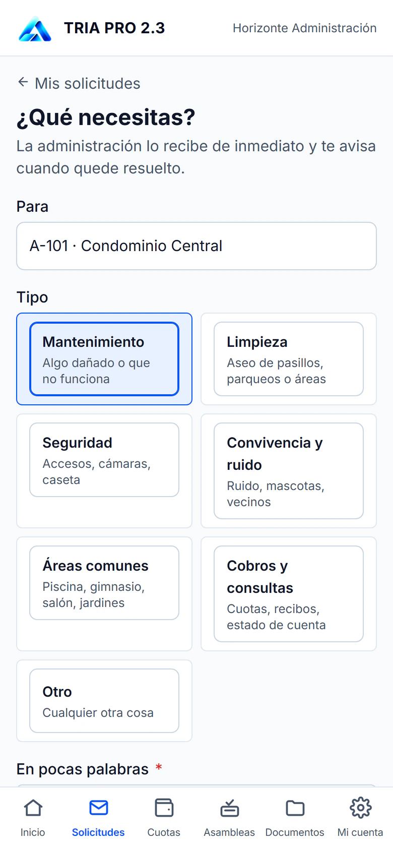 TRIA App: el formulario para pedir algo a la administración.