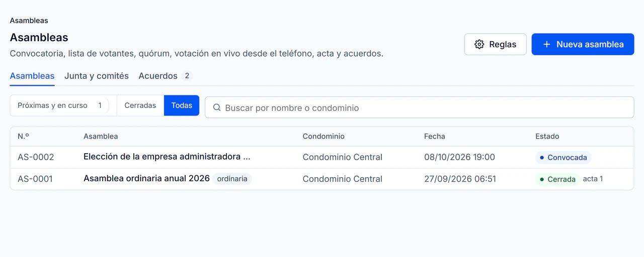 TRIA Programa: las asambleas de la administradora con su condominio, fecha y estado.