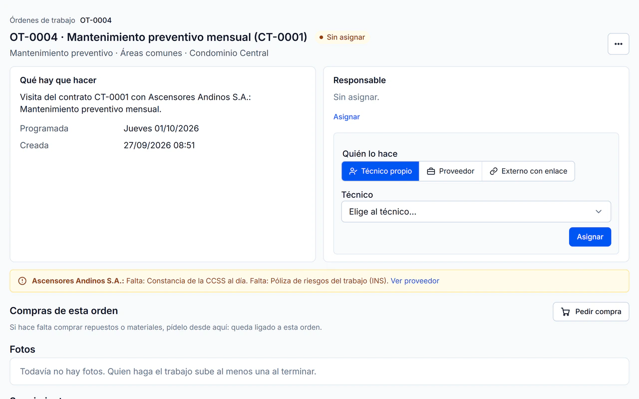 TRIA Programa: una orden de trabajo de mantenimiento preventivo; se elige si la hace un técnico propio, un proveedor o un externo con enlace, y avisa que al proveedor le faltan la constancia de la CCSS y la póliza del INS.
